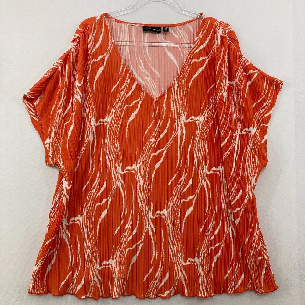 Rafaella size 2X Orange White Abstract V neck Pleated‎ Relaxed Blouse Vacation